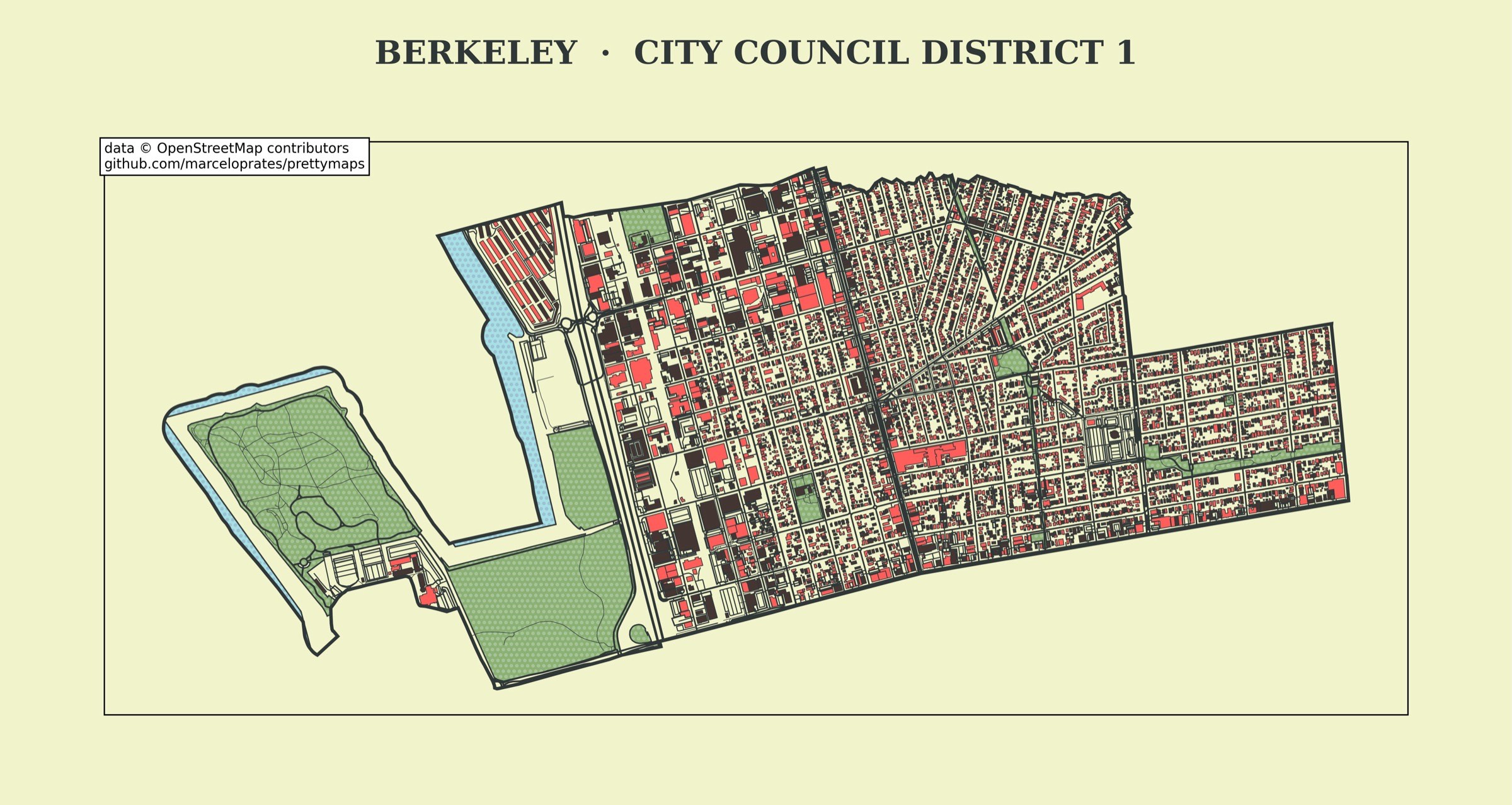 Illustrated street map of Berkeley City Council District 1, running from the Marina and Aquatic Park east through northwest Berkeley.